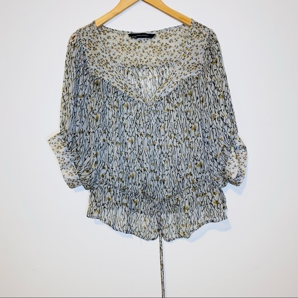 NWOT Zara Sage Floral Boho 100% Silk Sheer 3/4 Cuffed Sleeve Top Size M - Picture 2 of 11